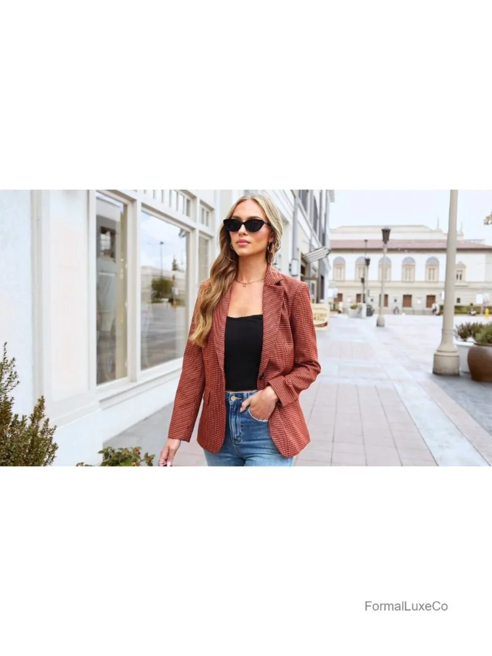Long Sleeve Plaid Houndstooth Notch Lapel Blazer Business Casual Work Suit